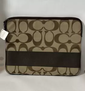 Coach Signature Stripe Padded Tablet Sleeve Case F61716 Khaki Mahogany Zipper - Picture 1 of 4