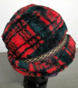 RARE Red & Black Tartan Plaid Faux Fur Fedora Hat Size M 50's-60's prop house - Picture 1 of 13
