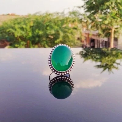 Attraente Verde Onice Gemma 925 Argento Sterling Mano Anello Tutti Misura H-41 - Immagine 1 di 4