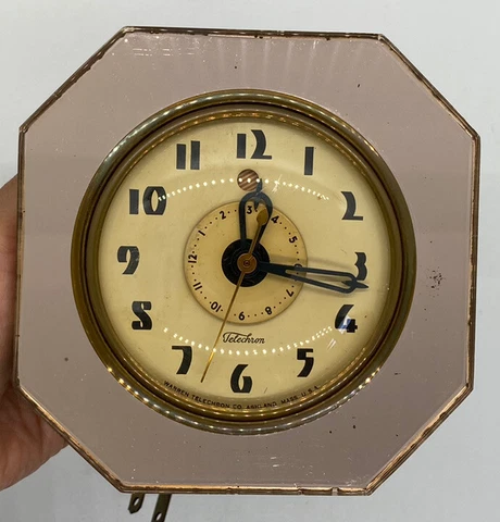 RARE Vintage ART DECO TELECHRON 7F77 PINK MIRROR GLASS DESK CLOCK - Tested! Cover