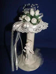 New Vintage Adorable Cherub with Pedestal & white roses Cake Top #214 - Picture 1 of 7