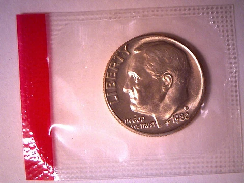 1980 D 10c Roosevelt Dime Uncirculated In Original Mint Cello "Free Shipping" Cover
