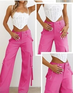 Womens Wide Leg Cargo Pants With Zip & Flap Side Pockets With Strap-Pink XL - Picture 1 of 5