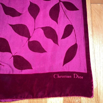 Vintage Christian Dior Silk Velvet Neck Scarf 62” Long x 16" Leaf Motif Fuschia - Image 1 of 4