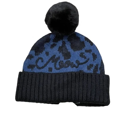 Gorro de invierno Kate Spade Meow azul negro leopardo piel sintética pompón lana Foto 1 de 4