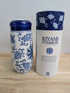 Teavana Kiyami Tumbler Tea Infuser Blue White Leaf Design Ceramic Travel Mug - Picture 1 of 11