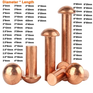 Solid Copper Half Round Head Rivets Dome Rivet 2mm/2.5mm/3mm/4mm/5mm/6mm/8mm - Picture 1 of 4