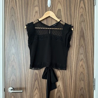 New Look Black Swiss Dot Lace Trim Pleated Sleeve Tie Back Crop Top UK 10 - Image 1 of 4