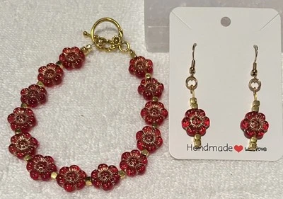 Red Rose w/ Gold Czech Glass Beads W/gold cube Beads 8in Bracelet & Earrings set - Image 1 of 4