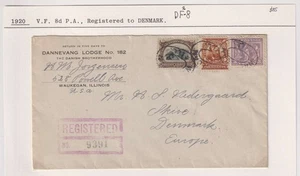 E4729: USA #298, 303, 537 auf 1920 Einschreiben nach Dänemark - Bild 1 von 2