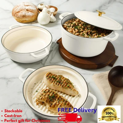 Sur La Table Enameled Cast Iron Stackable Cookware Set Heavy-Duty Grill Pan New