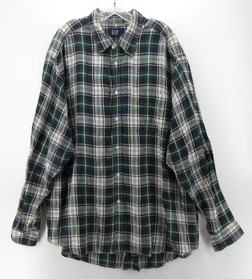 VINTAGE Gap Shirt Men XL Blue Green Linen Button Up Tartan Plaid 90s Y2K Field - Image 1 of 4
