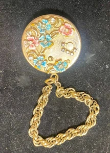 Vintage Antik Schweizer Goldfarben Armband Spieluhr Emaille Blumen Funktioniert - Bild 1 von 3