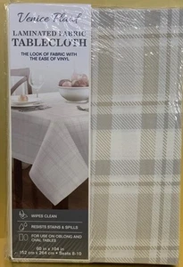 Venice Plaid Laminated Fabric Tablecloth 60x104" Beige Wipes Clean Resists Stain - Picture 1 of 5