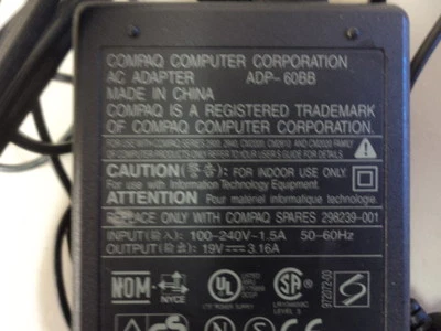 GENUINE COMPAQ LAPTOP AC ADAPTER POWER SUPPLY ADP-60BB 298239-001 19V DC 3.16A - Image 1 of 3
