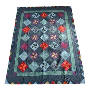 LL BEAN Pinwheel Quilt Hand Vintage 83” x 64" Twin Blue Background Camp READ - Picture 1 of 16