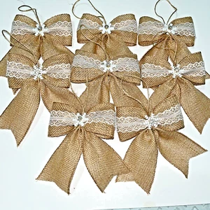 8pc Burlap Wired Ribbon Bows with Lace Snowflakes Rhinestones 5"x5" Handmade New - Picture 1 of 4
