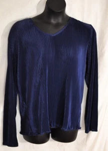 women's pleated navy blue top size X large with stretch v neck long sleeves - Picture 1 of 10