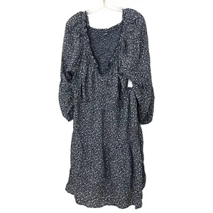 Old Navy Womens Plus Size 3X Long Sleeve Tie Neck Swing Dress Smocked Navy Print - Picture 1 of 14