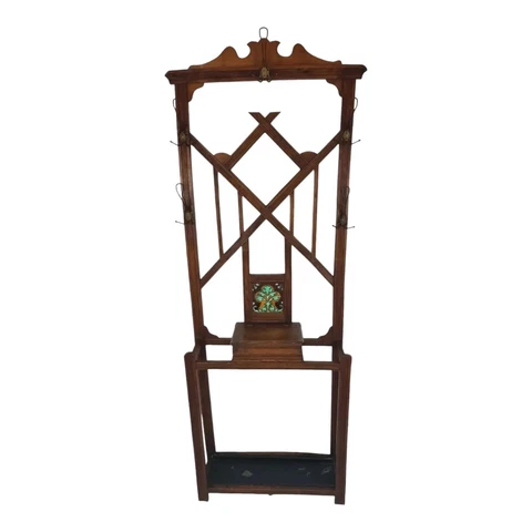 Vintage Oak Wood Hall Tree Umbrella Stand Coat Rack Brass Hooks Arts & Crafts Cover