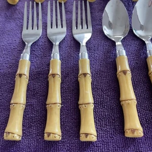 Bambus Kunststoff Griff Besteck 21 Edelstahl Set Messer Gabel Löffel Tiki Silberbesteck - Bild 1 von 11