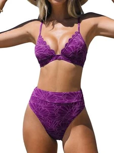 Bikini Sets for Women Bathing Suit High Waisted Scalloped V Neck Two Pieces S... - Picture 1 of 6
