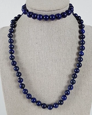 Lapis Lazuli 串珠项链和弹力手链套装 18 英寸银色手结 — 第 1/4 张图片