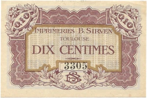 Billet de nécessité - Toulouse 10 centimes Imprimeries Sirven ! émission locale - Imagen 1 de 2