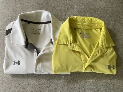 Under Armour Heat Gear Polo Shirt Lot - Mens L Loose Short Sleeve Yellow & White - Image 1 of 4