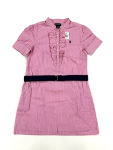 Ralph Lauren Girl's Short Sleeve Striped Dress with Belt with Pony - Pink, White - Picture 1 of 3