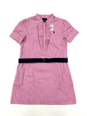 Ralph Lauren Girl's Short Sleeve Striped Dress with Belt with Pony - Pink, White - Image 1 of 3