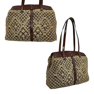 Vintage 60s 70s JOHN ROMAIN Jute Macrame Leather Shoulder Bag Handbag Tote RARE - Picture 1 of 24