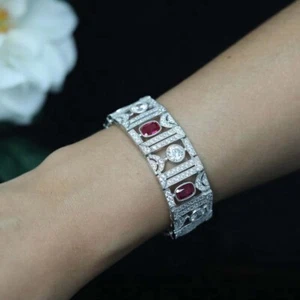 Lab Created Ruby & Diamond 14K White Gold Plated Women's Antique Bracelets - Picture 1 of 5