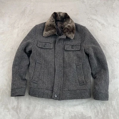 Tasso Elba Bomber Flight Jacket Men Small Brown Herringbone Wool Blend Quilt Lin - Image 1 of 4