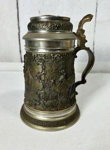 VINTAGE MUNZEL KOBLENZ GERMANY HUNTING 3D PROVIDENCE PEWTER DEER HUNTER STEIN - Picture 1 of 12