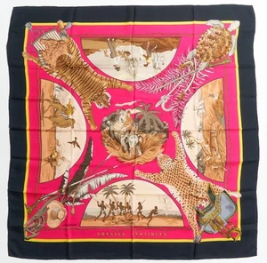 Hermes CHASSES EXOTIQUES Carre 90 Seidentuch rosa schwarz mit Etikett ohne Karton gebraucht. - Bild 1 von 10
