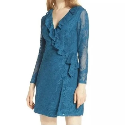 NWT Lilly Pulitzer Tiki Wrap Ruffle Romper Crochet Lace Long Sleeve Teal Blue XS - Image 1 of 4