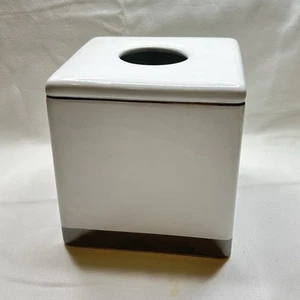 Signature Geori Square Tissue Box Cover Tall White Silver Chrome Ceramic Modern - Picture 1 of 4