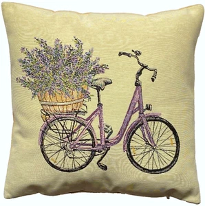 BICYCLE & LAVENDER BUNCHES HAND FINISHED 17" 44CM TAPESTRY CUSHION PILLOW COVER - Picture 1 of 6