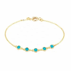 Bracciale oro 14 carati vero cinque pietre turchesi gioiello regalo per uno speciale - Foto 1 di 4