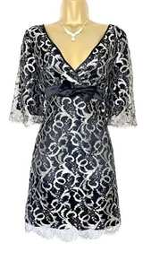 KAREN MILLEN Size 10 Black & Silver Floral Lace Aline Swing Dress Xmax Party VGC - Picture 1 of 9