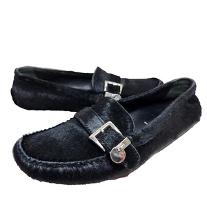 PRADA Pony Calf Hair Driving Loafers COA Sz 37/7 US Logo Charm Black Driver - Picture 1 of 22