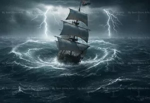 PIRATE SHIP IN STORM ART PRINT, Ocean Tornado Fantasy Wall Decor Nautical Poster - Picture 1 of 2