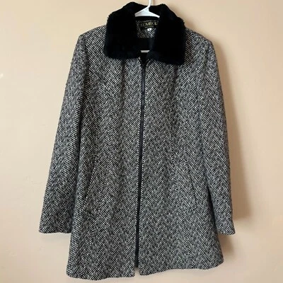 Casaco feminino vintage Komitor feito nos EUA pequeno mistura de lã zíper completo colarinho longo - Imagem 1 de 4