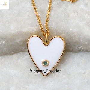 Collar de amor esmeralda colgante corazón esmalte blanco oro macizo 14k regalo de aniversario - Imagen 1 de 5