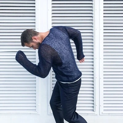 Blue mens sweater Mohair light knitted sweater Chunky basic sweater for him - Image 1 of 4