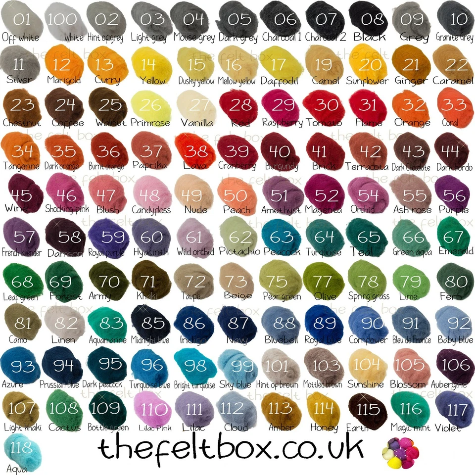 THE FELT BOX Carded Felting Wool Needle 3D Brown Grey White Black Green Blue Batt The FeltBox