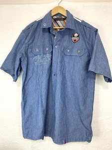 Coogi Men’s XL Denim Shirt Sleeve Button Front Pockets Embroidered Patch - Picture 1 of 13