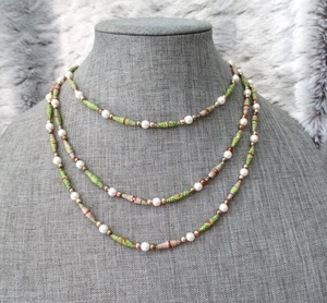 Vtg Lightweight Rolled Paper Bead Necklace Colorful Artisan 58” Total Length - Picture 1 of 6