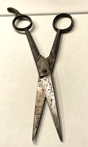 Vintage Sewing Scissors Cast Textured Metal Advertising Wood Rulers Luxury Bread - Picture 1 of 4